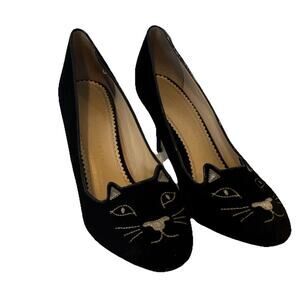 Charlotte Olympia Kitty-Cat Embroidered Velvet Heels. Sz 41